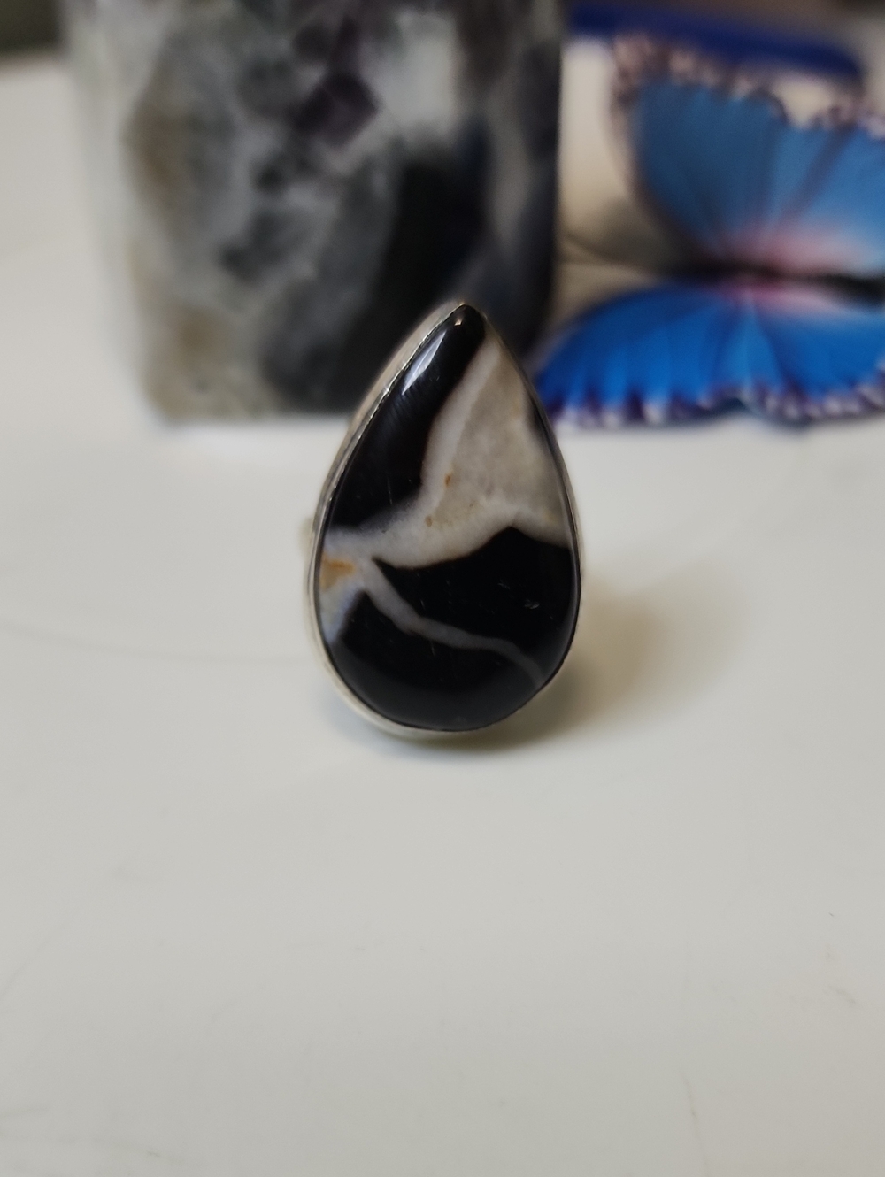 Handcrafted Teardrop Black and White Stone Ring - Women Jewelry